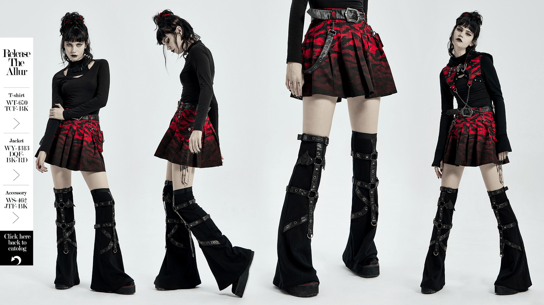 Stylish model wearing a red print punk A-line hem skirt with utility waist bag, showcasing a bold, artistic fashion statement.
