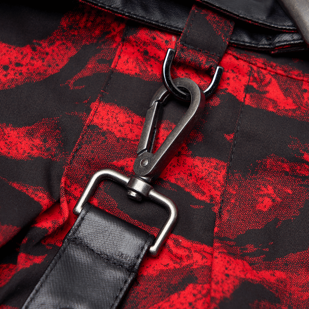Close-up of metal lobster buckle on red abstract printed Punk skirt, showcasing functional design elements.