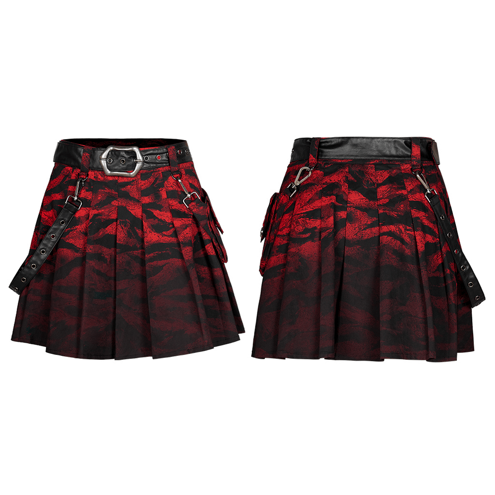 Red print punk A-line hem half skirt featuring removable waist bag and customizable buckle.