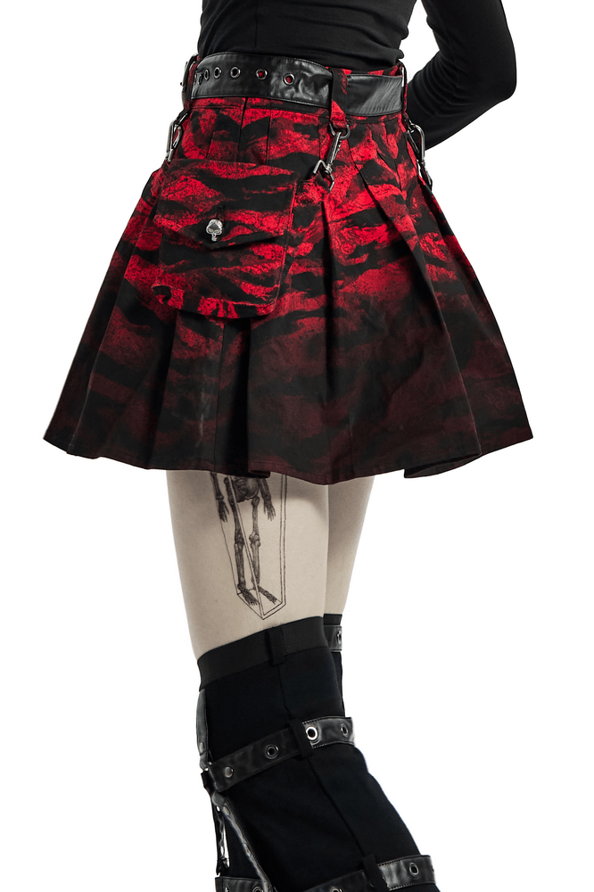 Abstract red punk A-line skirt with detachable waist bag and metal buckles, perfect for a bold style statement.