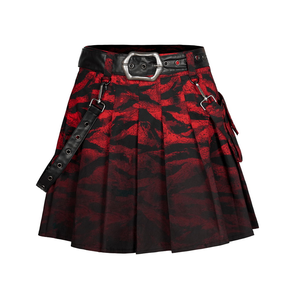 Red abstract printed punk A-line hem skirt with removable waist bag and heavy metal buckle.