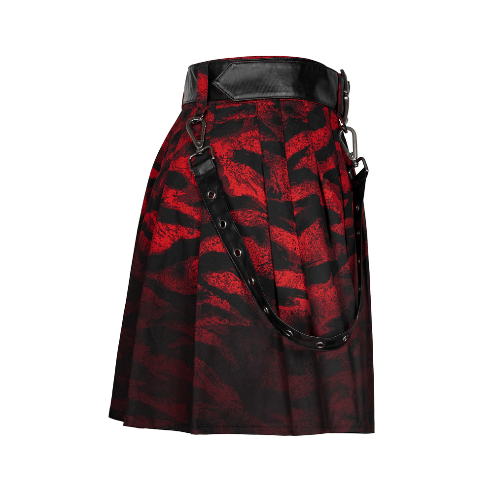Red abstract printed punk A-line hem half skirt with detachable waist bag and metal buckles.