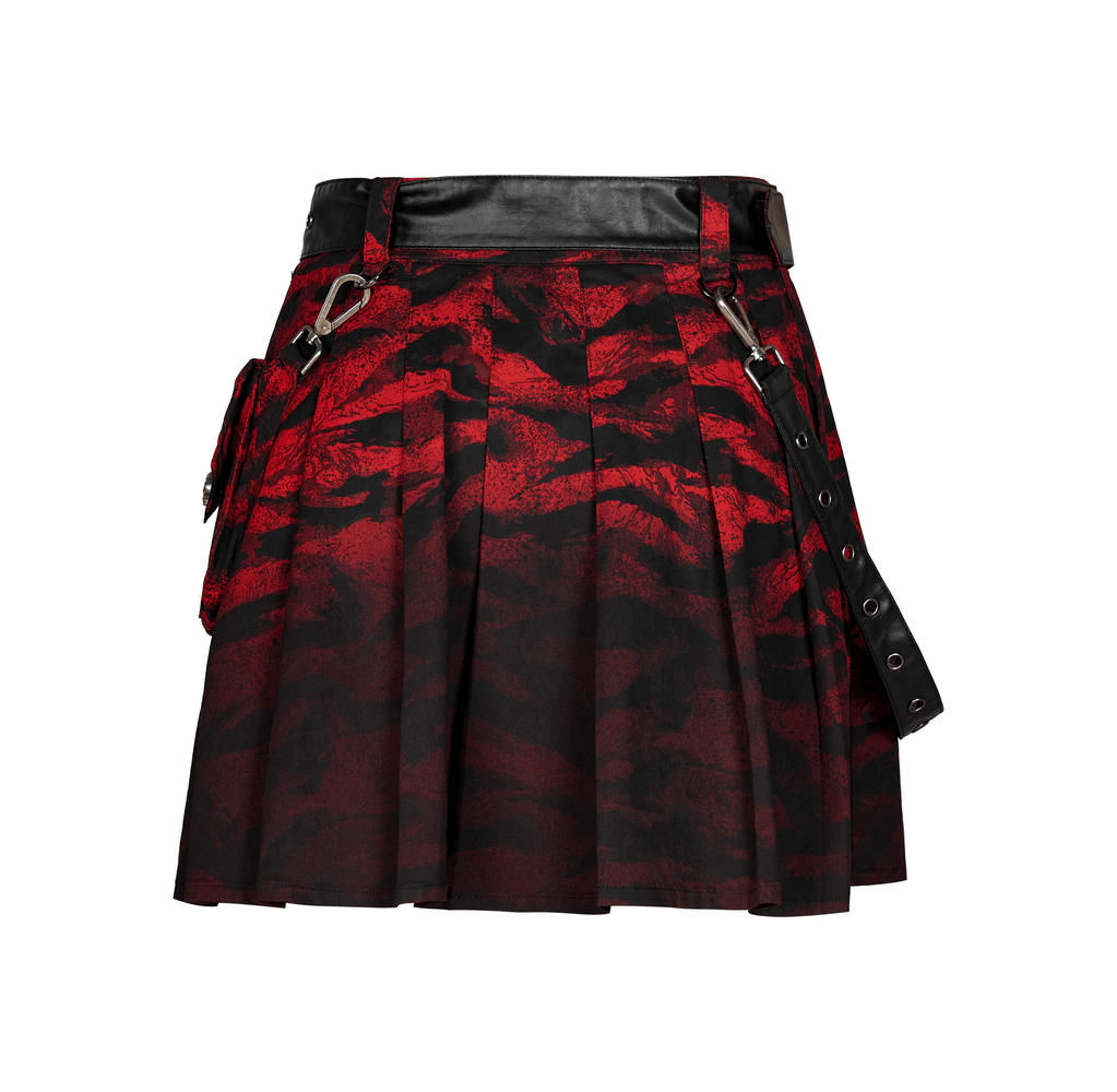 Red print punk A-line hem half skirt with removable waist bag and metal lobster buckles.