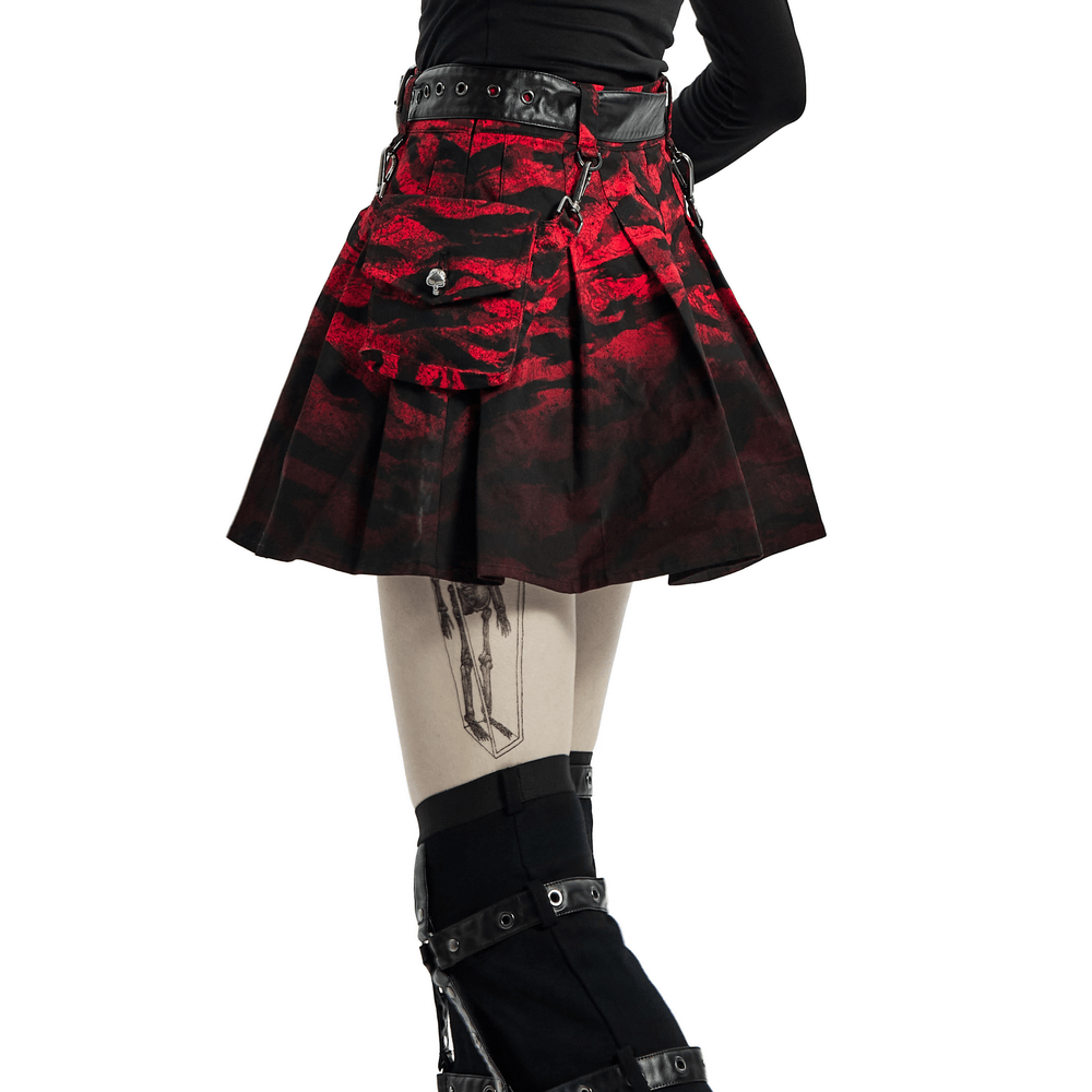 Red Print Punk A-Line Hem Half Skirt With Removable Waist Bag - HARD'N'HEAVY