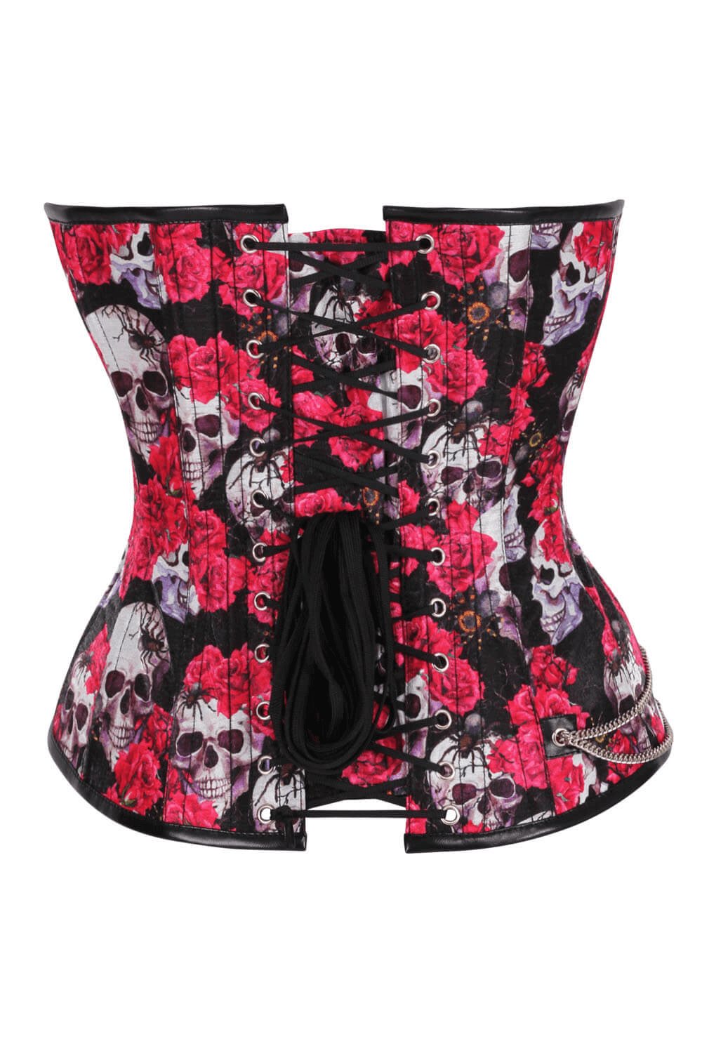 Alt Tag: Red Roses Skull Overbust Corset Gothic Costume Wear with skull and red rose print, black back lacing, steel-boned silhouette