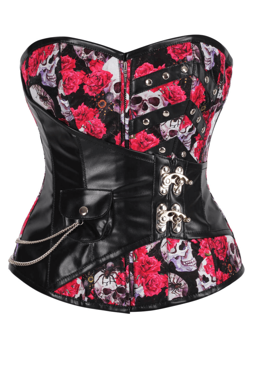 Alt Tag: Red Roses Skull Overbust Corset Gothic Costume Wear black red skull rose print steel-boned overbust corset with zipper, lace-up back