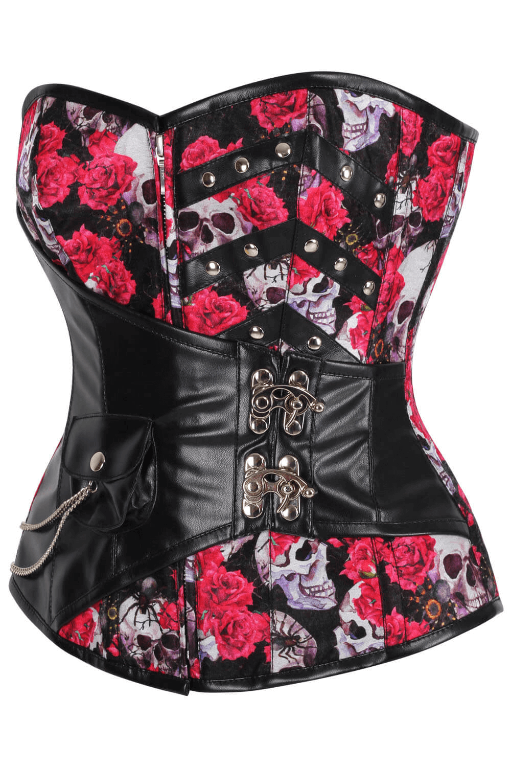 Alt Tag: Red Roses Skull Overbust Corset Gothic Costume Wear black red skull rose print corset, steel boning, front zipper, lace-up back