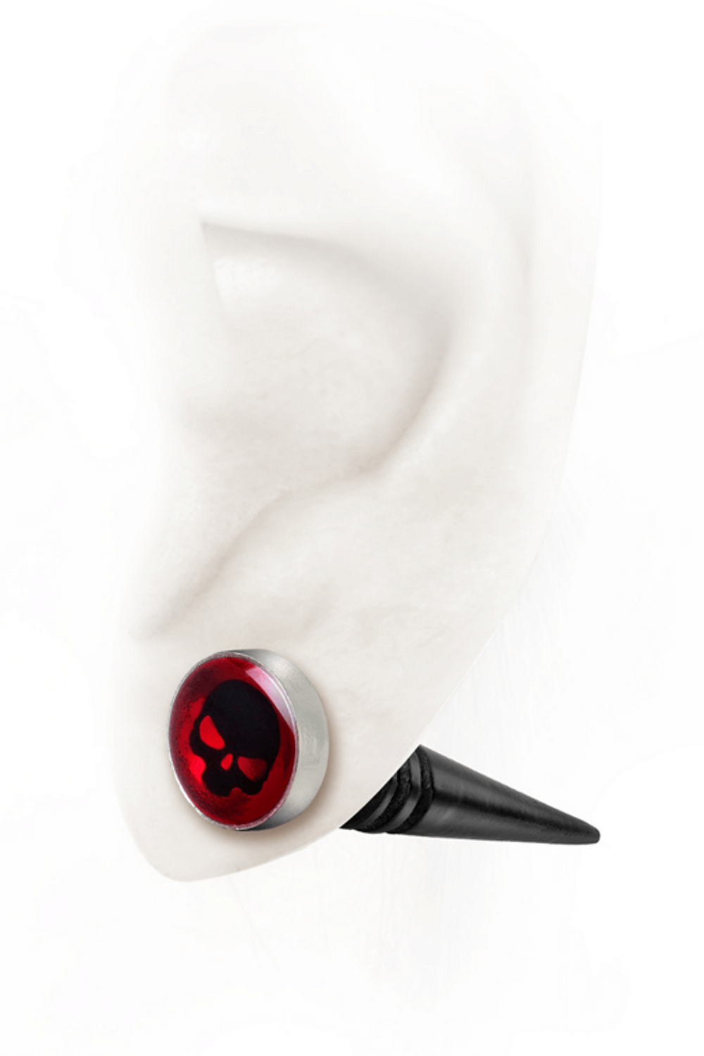 Red Skull Doom-Faux Earring with Black Spiked Design showcased on a model's ear.