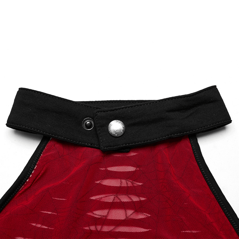 Close-up of the collar and halter neck of the Red Spider Mesh Hollowed Halter Top for women.