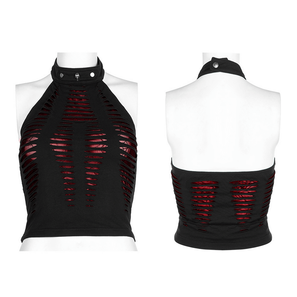 Red spider mesh hollowed halter top for women, featuring bold cutouts and adjustable neck for a daring look.