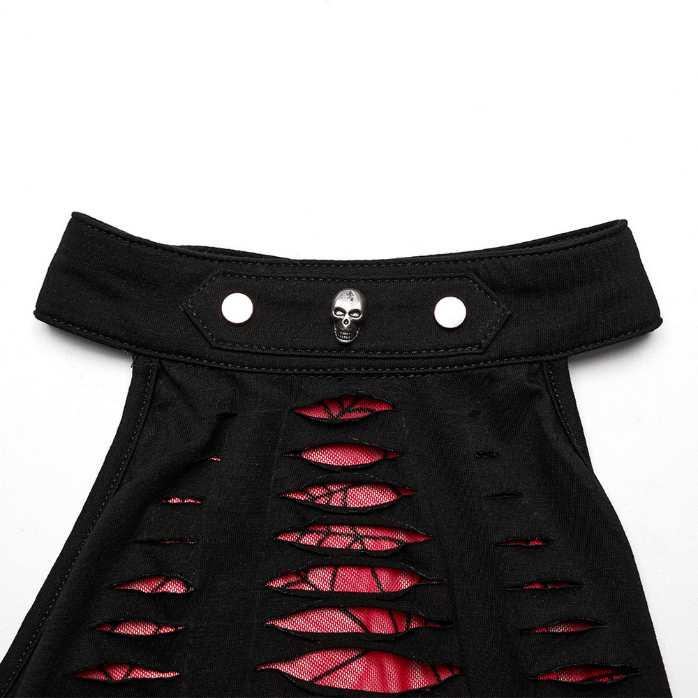 Close-up of the unique black and red halter top featuring a skull detail and hollowed mesh design.