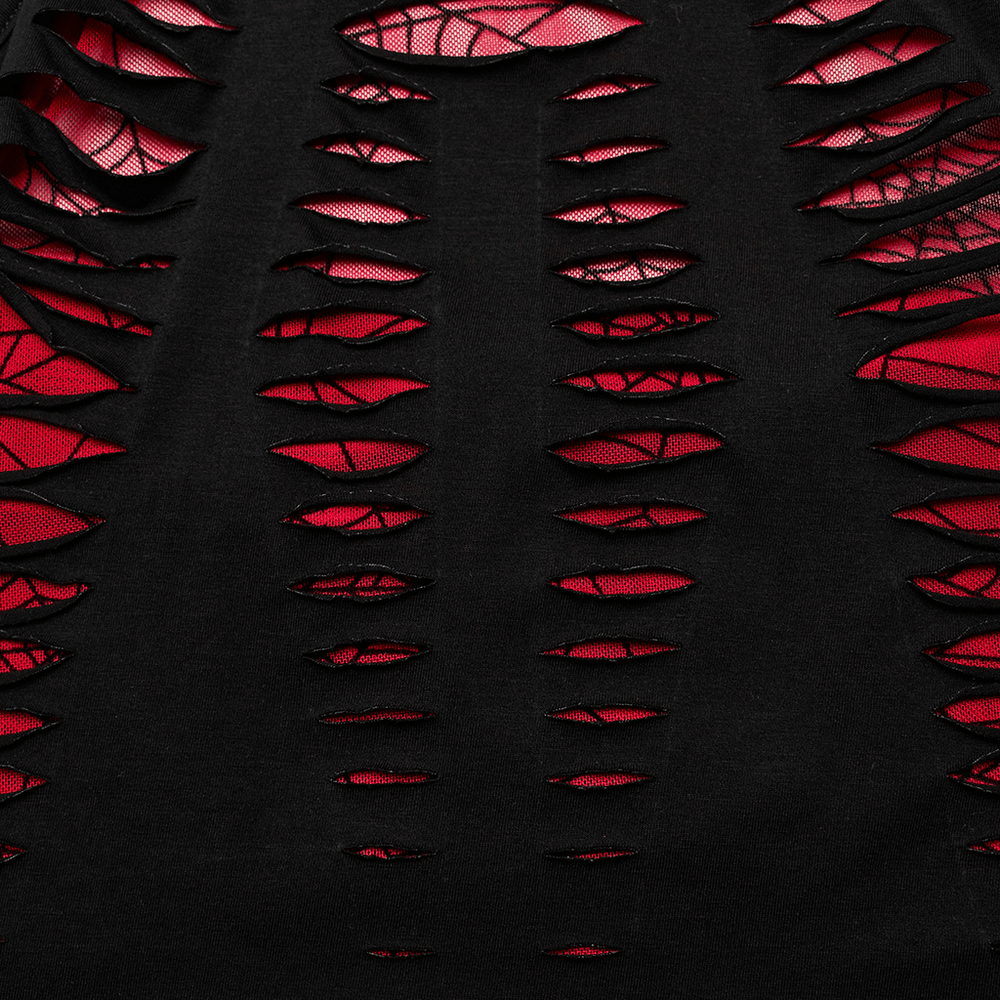 Close-up of the red spider mesh hollowed halter top, showcasing bold cutouts and spider pattern in black and red.