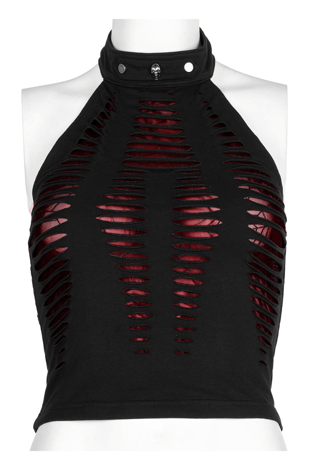 Red Spider Mesh Halter Top featuring hollow cutouts and a bold spider pattern for a daring fashion statement.
