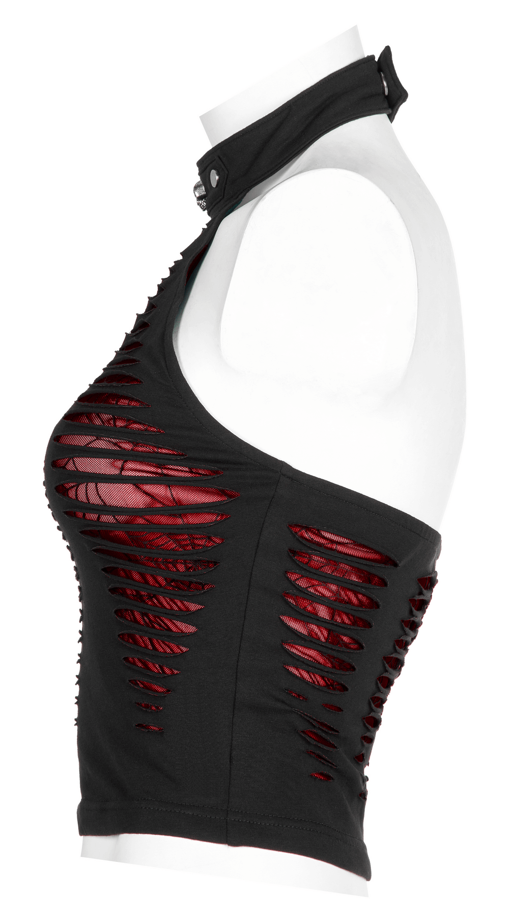 Red spider mesh halter top showcasing a daring hollowed design, perfect for bold women's fashion.