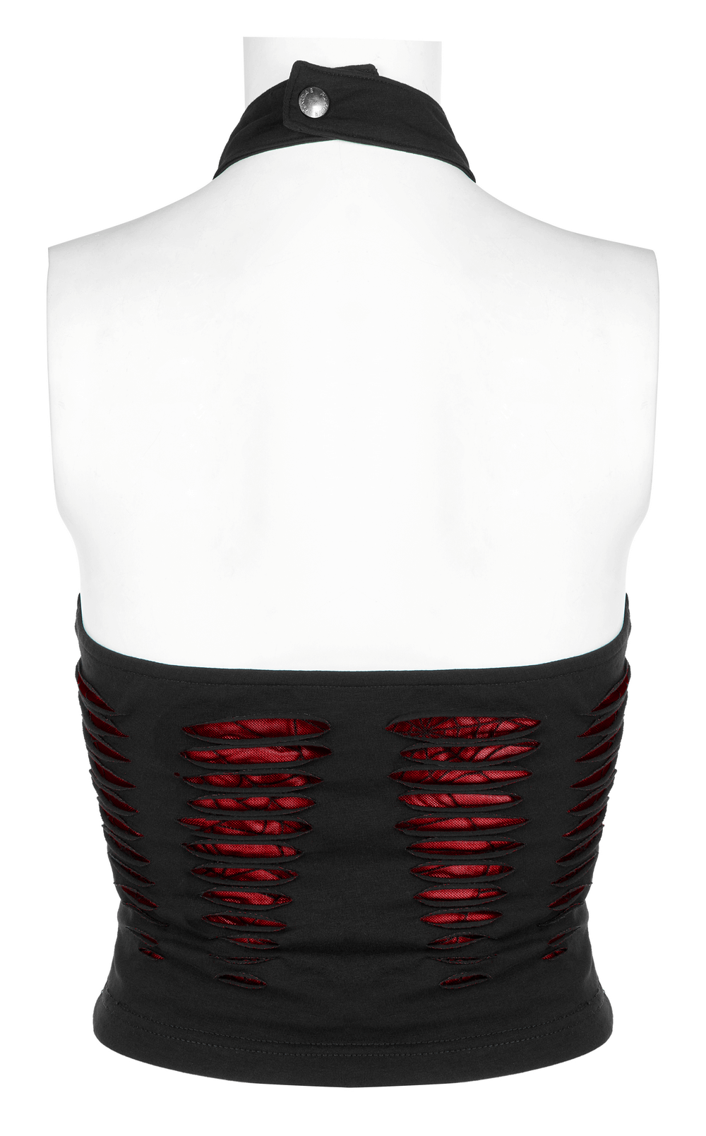 Back view of a women's red spider mesh hollowed halter top showcasing provocative cutouts and adjustable neck design.