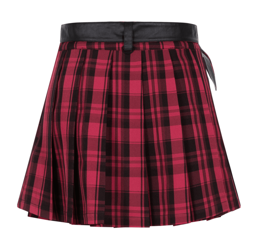 Red Tartan Pleated Mini Skirt with Star Accents and Chains