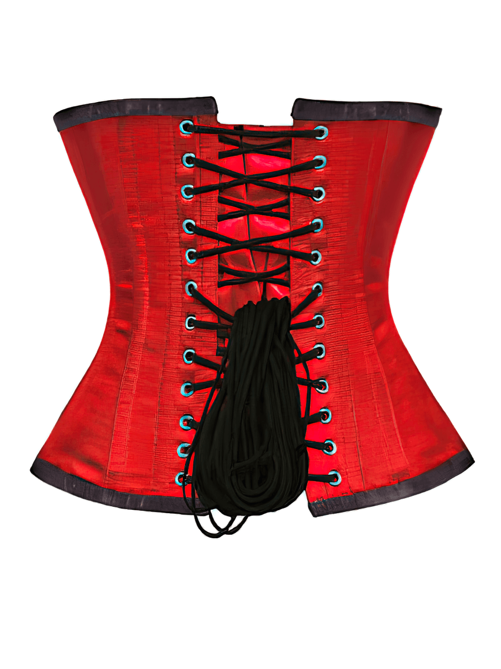 Red underbust corset with steel boning and back lacing, perfect for waist training and body sculpting.