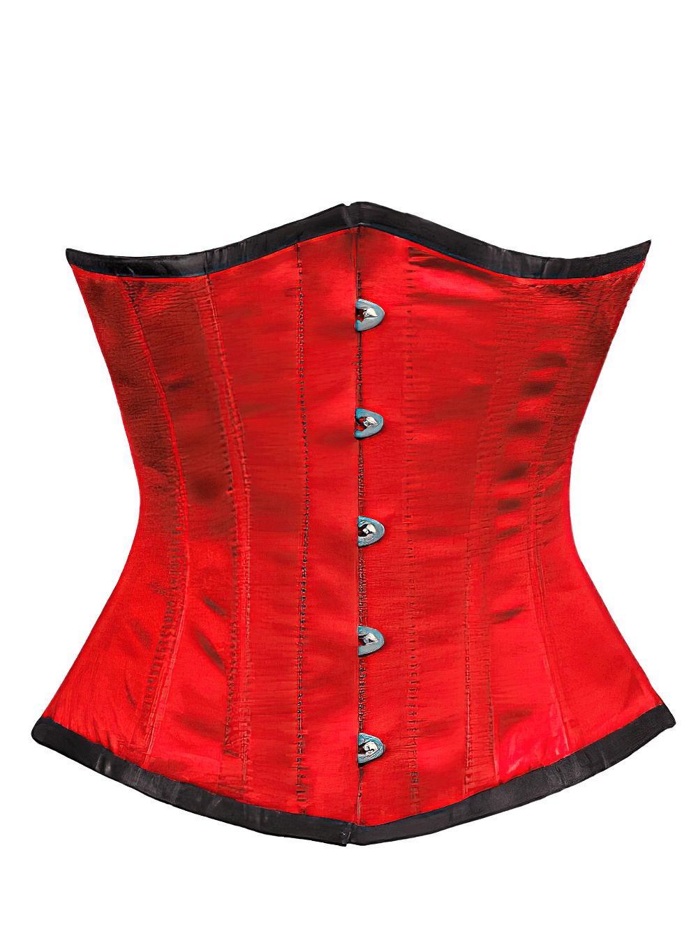 Red underbust corset with steel boning, back lacing, and front busk for waist training and body sculpting.