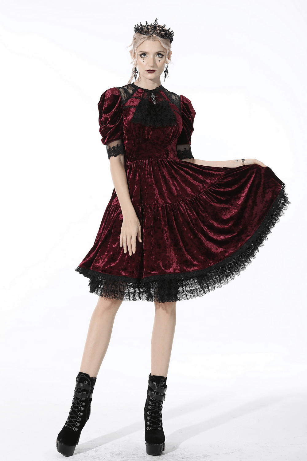 Red Velvet Gothic Dress with Black Lace Detail