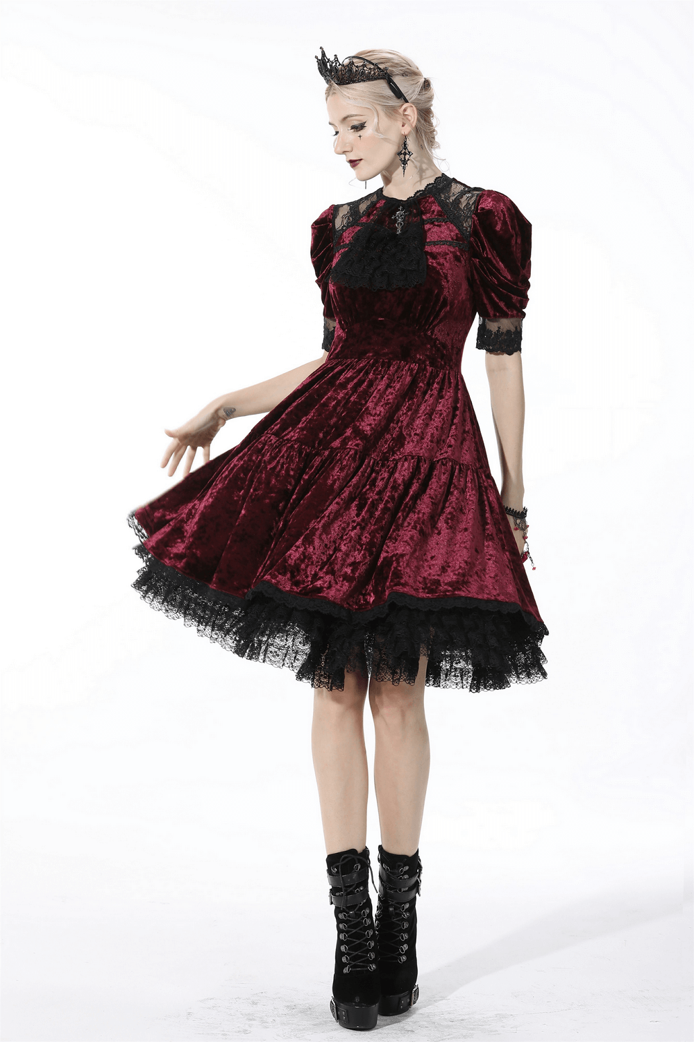 Red Velvet Gothic Dress with Black Lace Detail