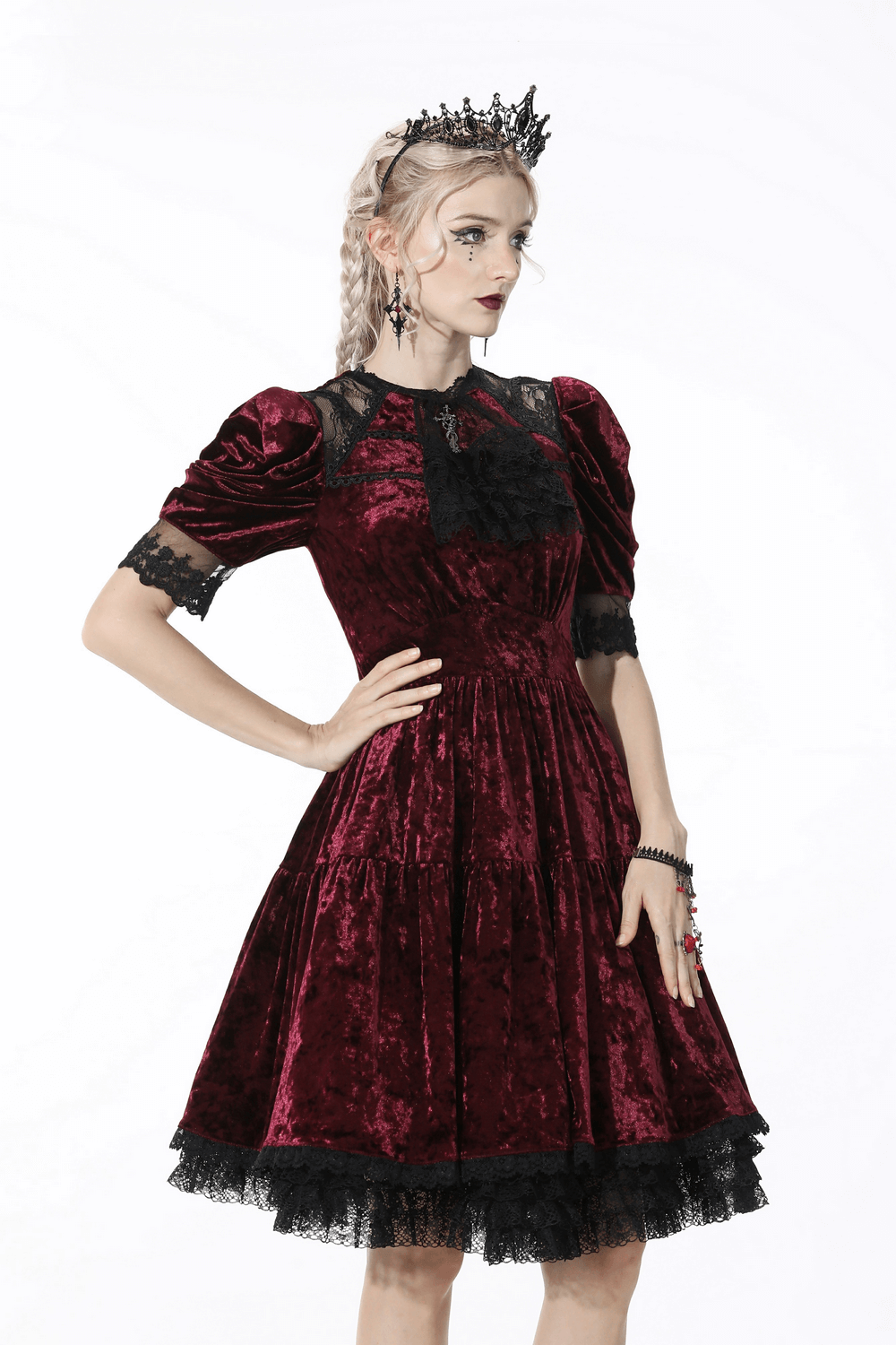 Red Velvet Gothic Dress with Black Lace Detail