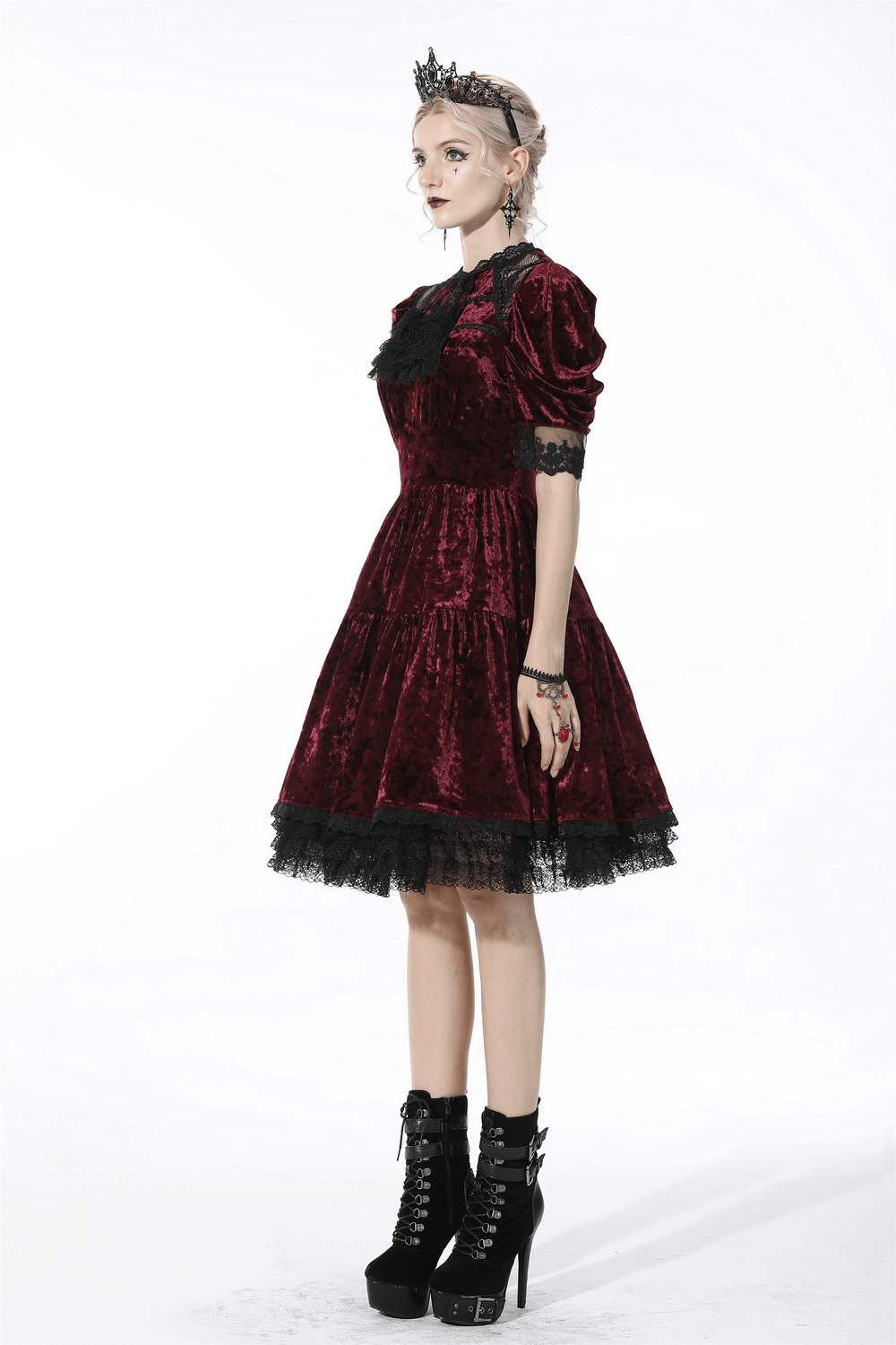 Red Velvet Gothic Dress with Black Lace Detail