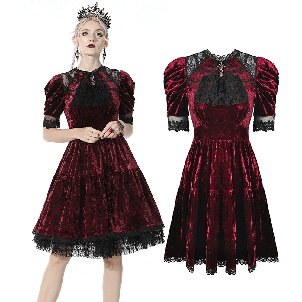 Red Velvet Gothic Dress with Black Lace Detail