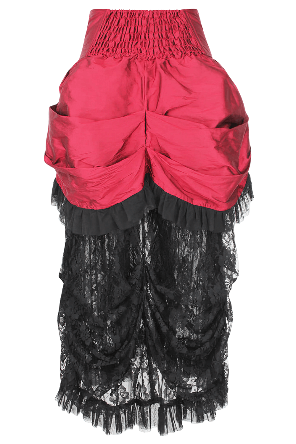 Red Victorian bustle skirt with black lace overlay, featuring an elasticated waistband and side zipper closure.