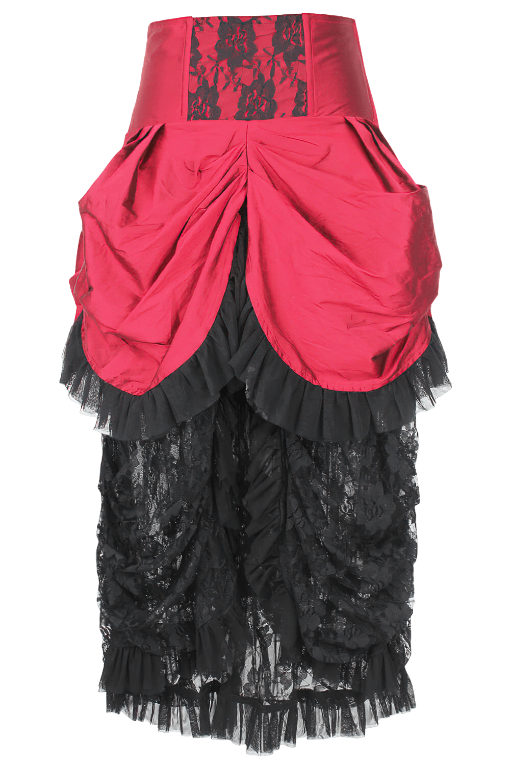 Red Victorian bustle skirt with black lace overlay and taffeta fabric, perfect for gothic fashion.