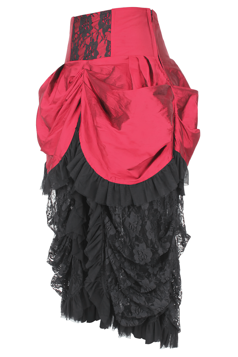 Red Victorian bustle skirt with black lace overlay and taffeta, featuring layered ruffles and a side zipper closure.