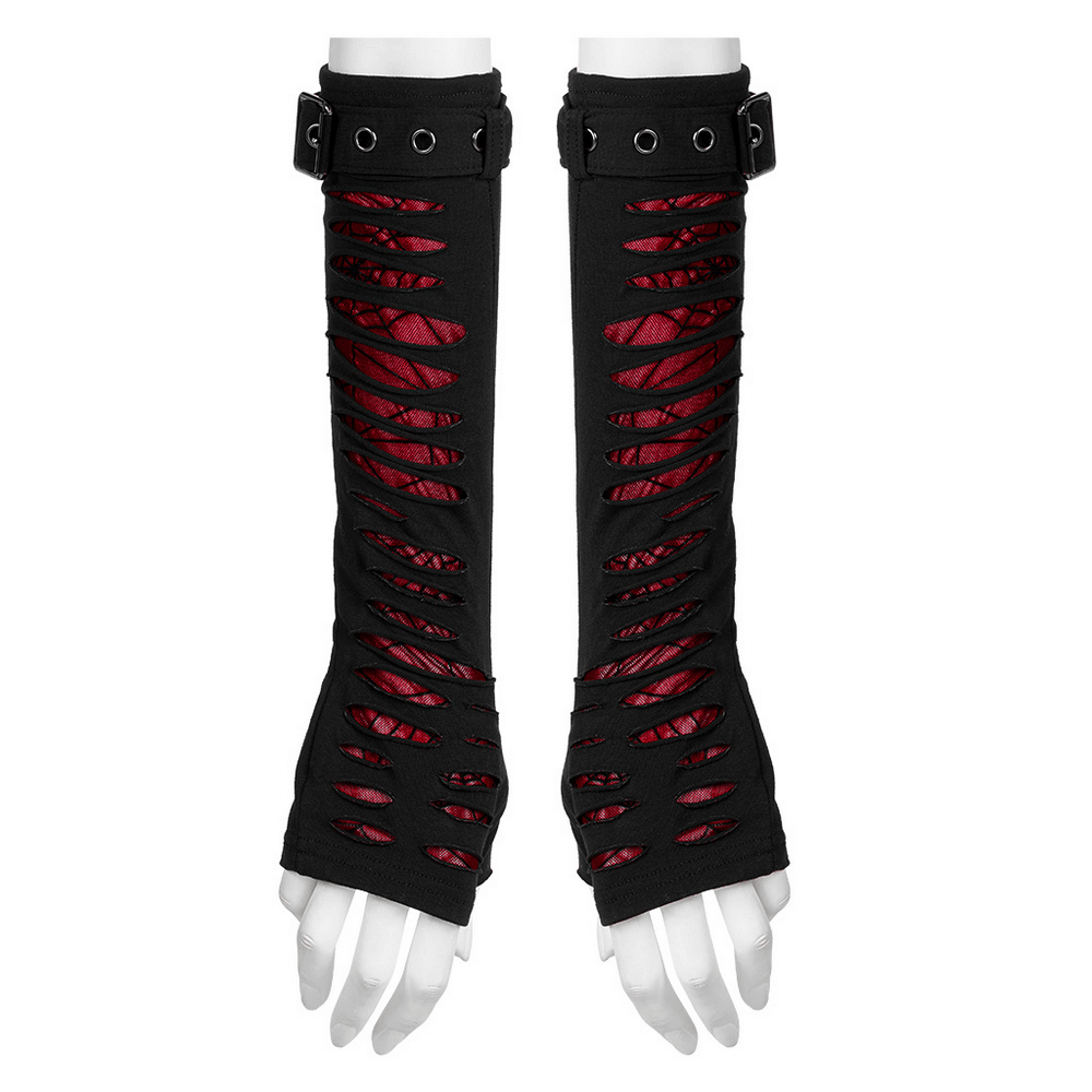 Red-weave goth gloves with spider mesh, bold cut and buckle cuffs, perfect for edgy fashion lovers.