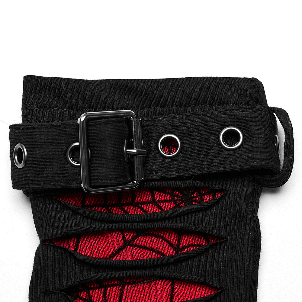 Close-up of Red-Weave Accent Goth Gloves with buckle cuff and spider mesh design, perfect for edgy fashion.