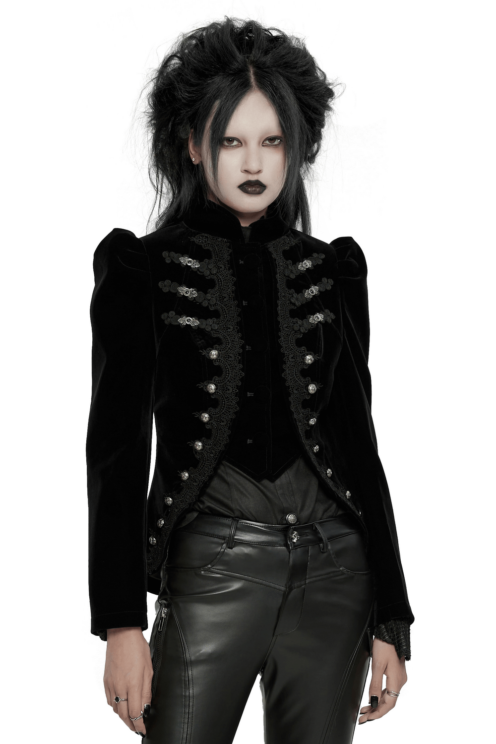 Gothic black jacket with lace and buttons, showcasing dark elegance and luxury for women.