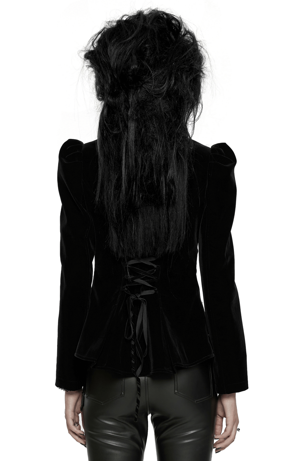 Back view of refined black velvet gothic jacket with lace detail and elegant silhouette.