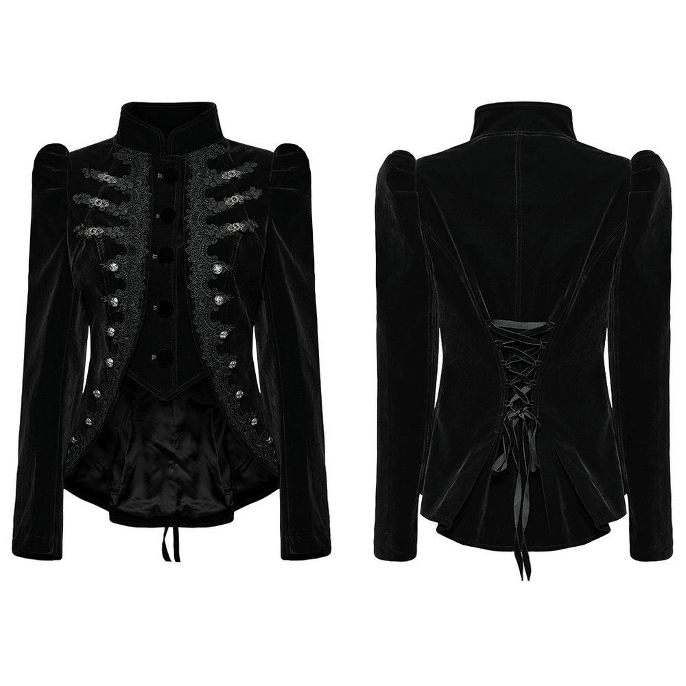 Gothic black velvet jacket with lace, buttons, and dramatic silhouette for women.