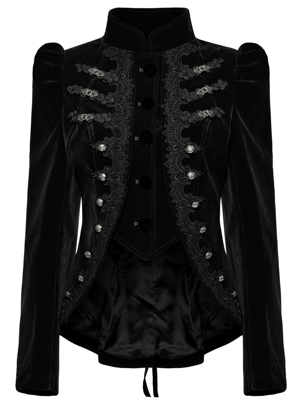 Refined black gothic jacket with lace and engraved buttons for women, showcasing dark elegance and sophisticated design.