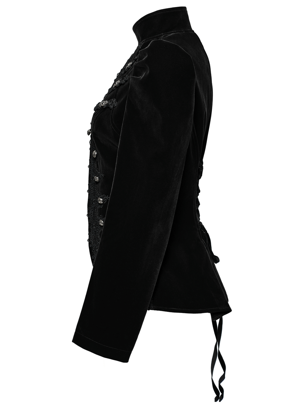 Elegant black velvet gothic jacket with lace, buttons, and refined stand collar, showcasing unique design.