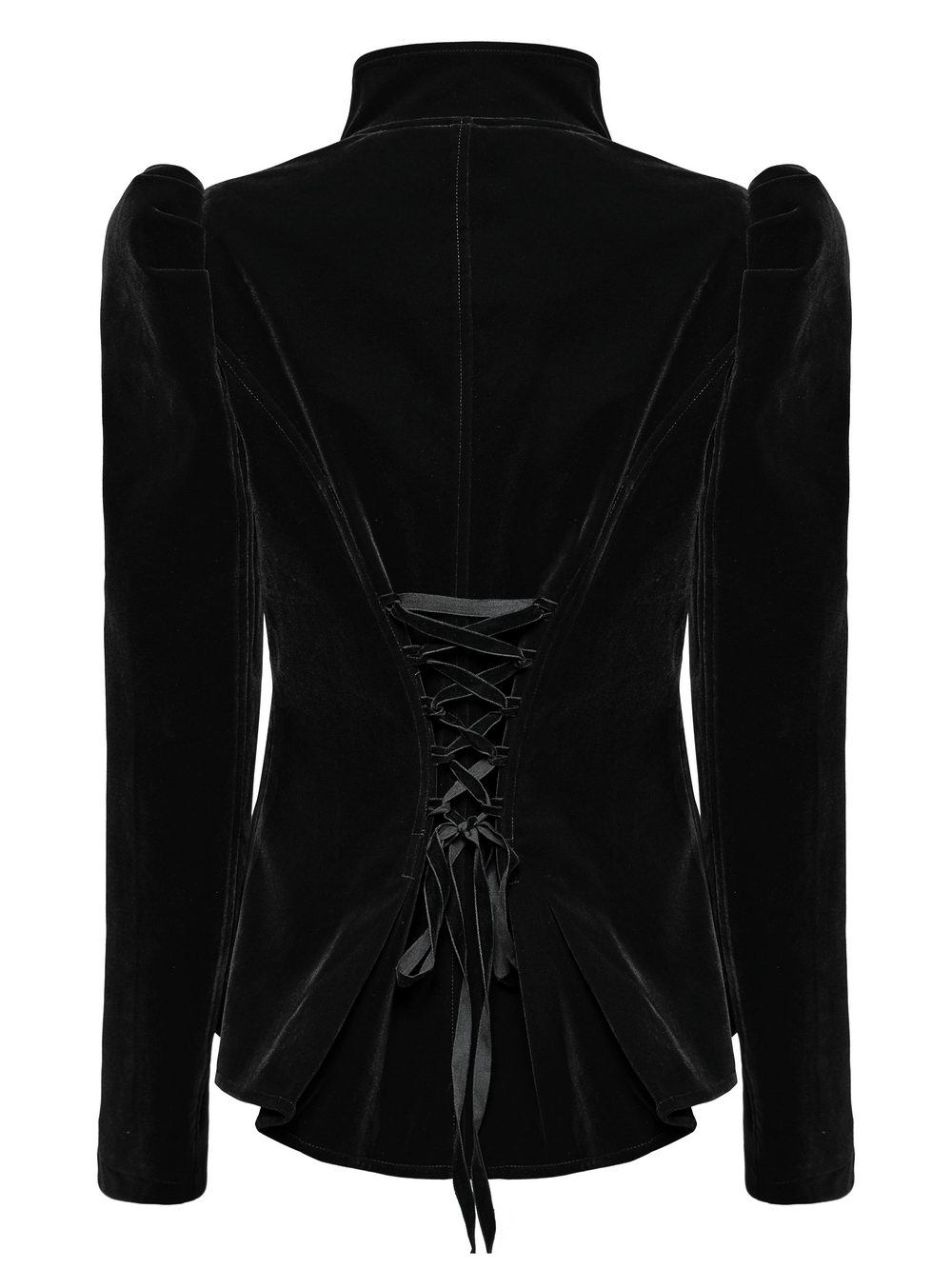 Elegant black velvet gothic jacket with lace-up back and refined stand collar, perfect for a sophisticated look.