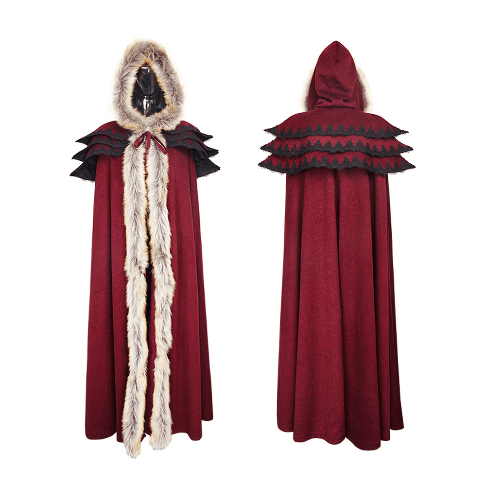 Regal wine red Gothic cloak with faux fur collar, featuring dramatic layered shoulders and elegant design.