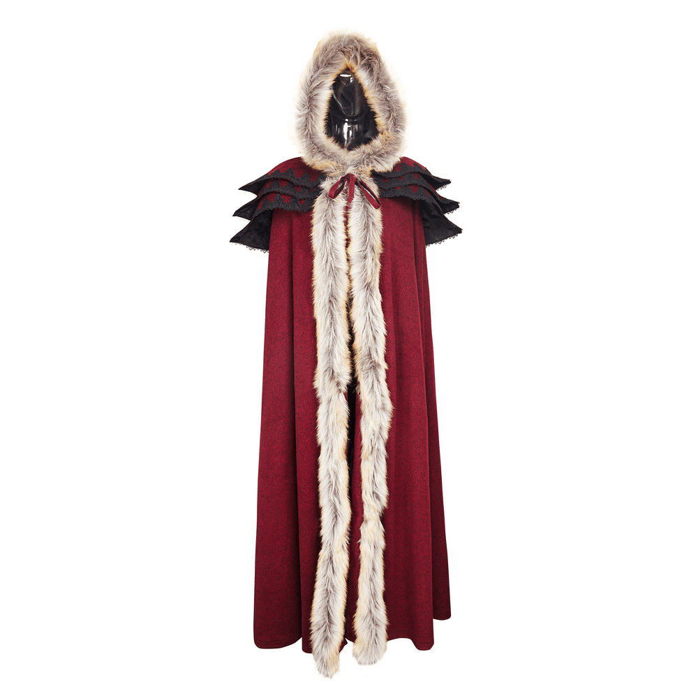 Regal wine red gothic cloak featuring a faux fur collar and trim, perfect for dramatic Victorian looks.