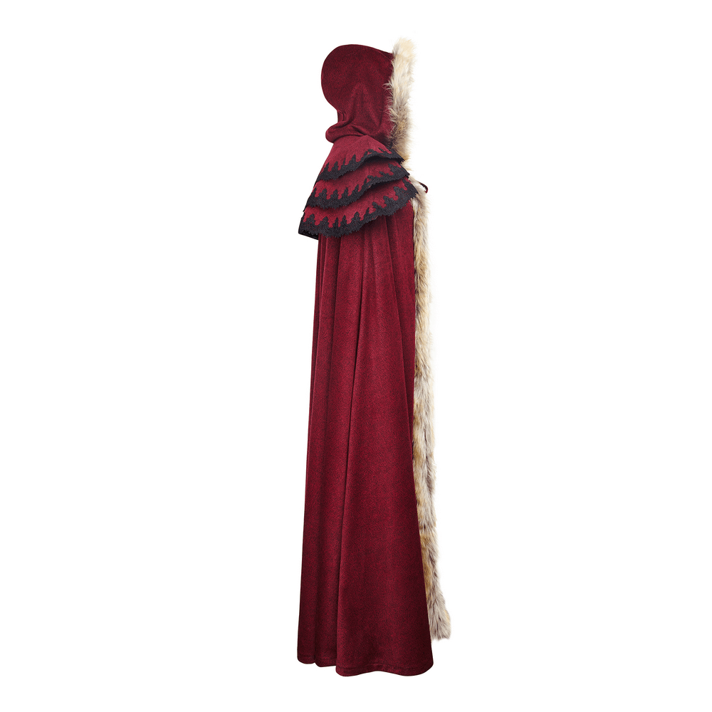 Regal wine red Gothic cloak with faux fur collar and trim, perfect for adding a touch of elegance to any outfit.