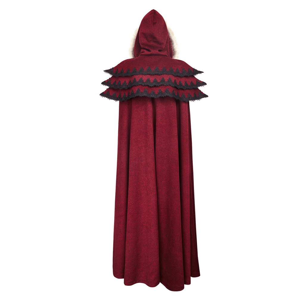 Regal wine red gothic cloak with faux fur collar and dramatic layered shoulders, perfect for a Victorian-inspired outfit.