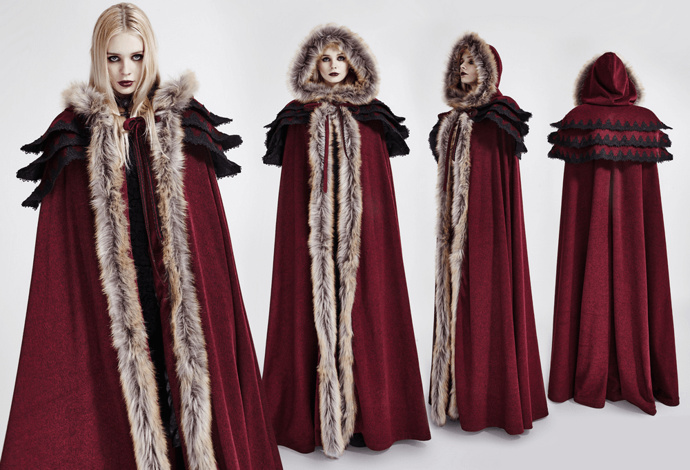 Regal wine red Gothic cloak with faux fur collar and trim, showcasing a stylish Victorian elegance.