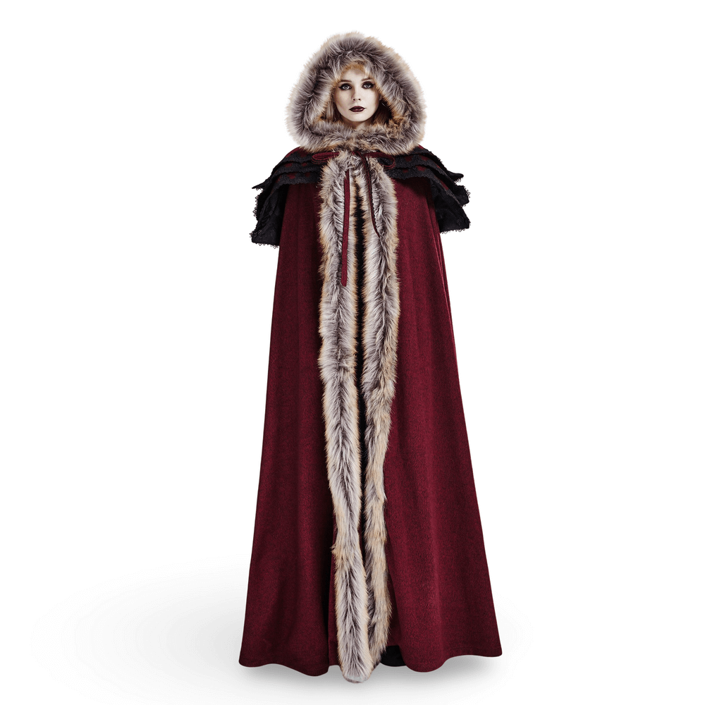 Regal wine red Gothic cloak with faux fur collar and trim, perfect for Victorian-inspired fashion and dramatic style.