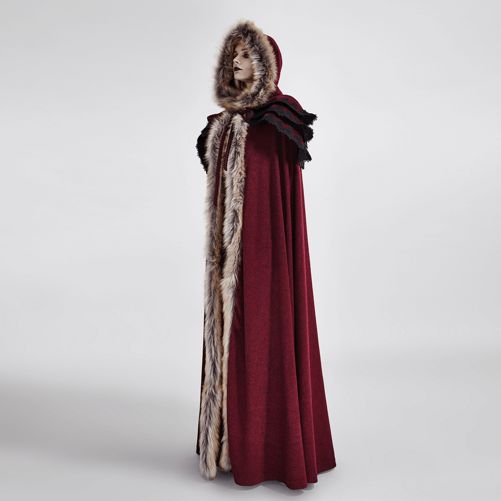 Regal wine red Gothic cloak with faux fur collar, perfect for embracing Victorian elegance and dramatic flair.