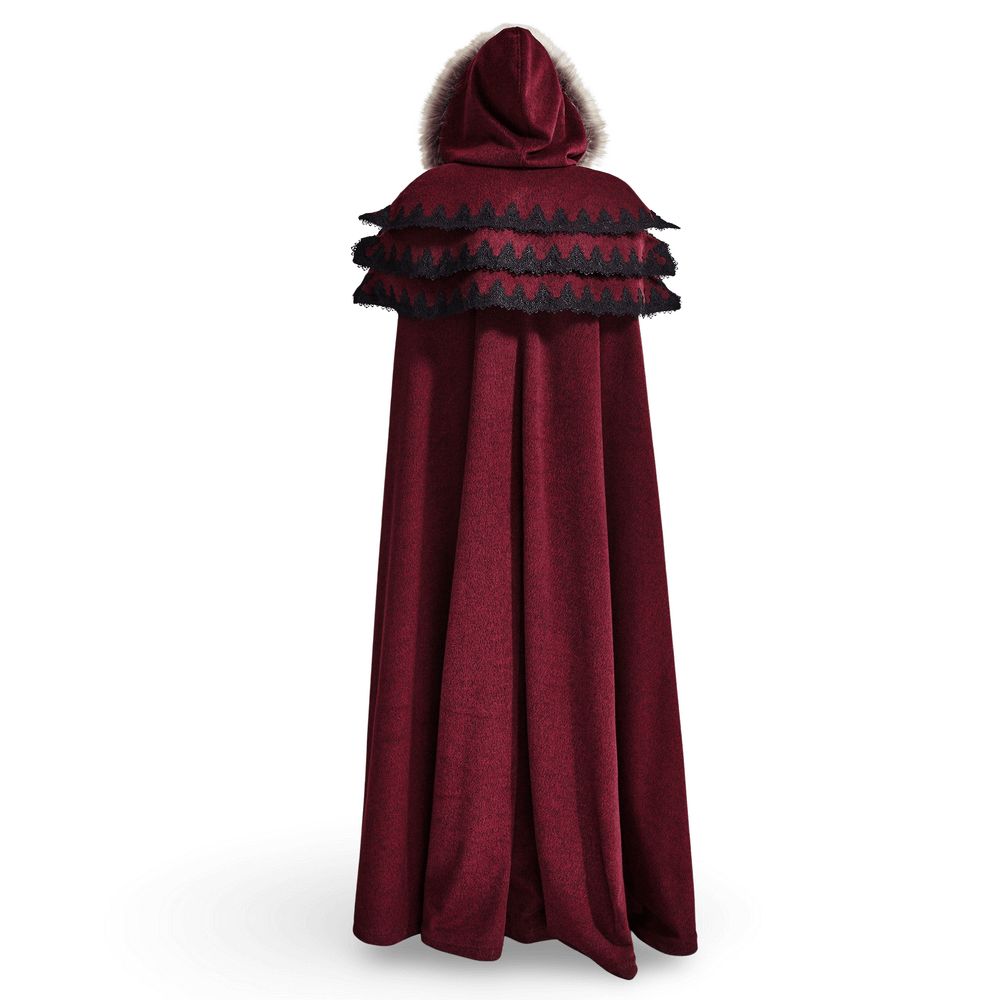 Regal wine red Gothic cloak with faux fur collar and trim, showcasing an elegant flowing design.