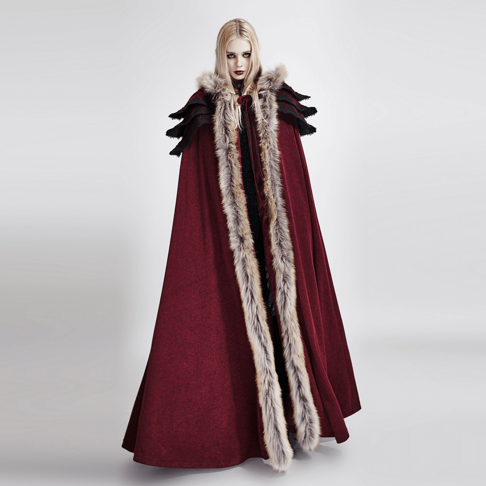 Regal wine red Gothic cloak with faux fur collar, exuding Victorian elegance and timeless style.