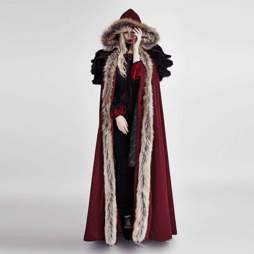 Regal wine red Gothic cloak with faux fur collar, crafted from luxurious wool for a dramatic Victorian style.