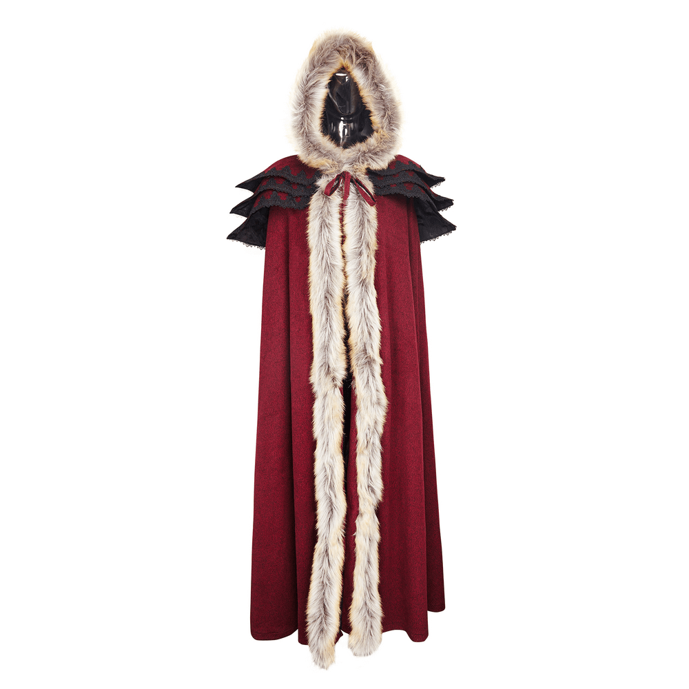Regal Wine Red Gothic Cloak with Faux Fur Collar and Trim - HARD'N'HEAVY