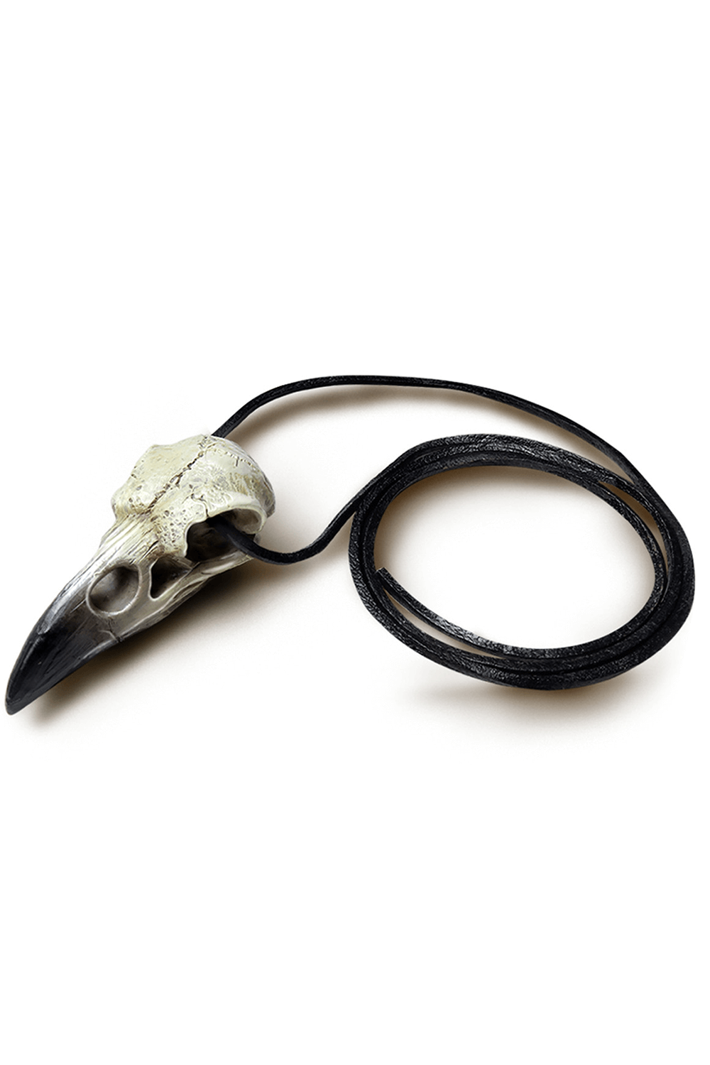 Gothic resin raven skull pendant talisman on black leather cord, perfect for spiritual rituals and symbolic jewelry.